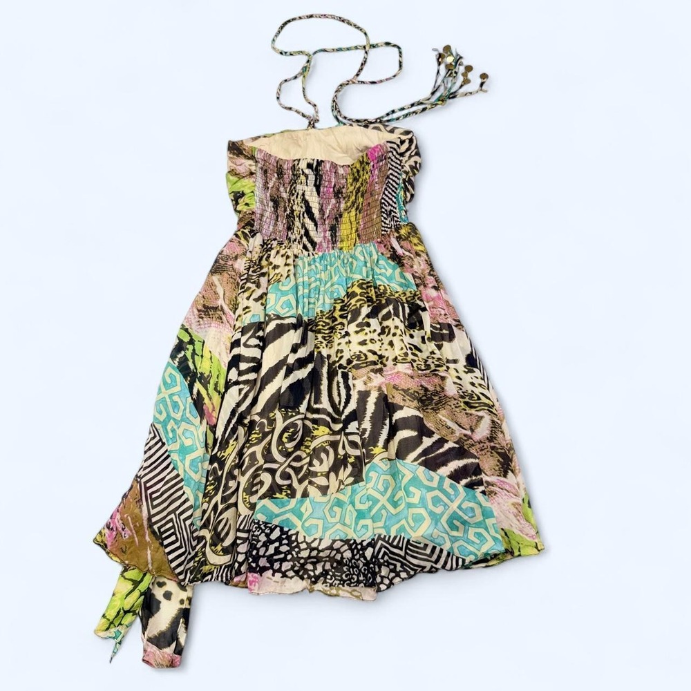 Cocoon Y2K Silk Animal Print Halter Dress Handkerchief Hem Sequin Accents Size 0 - Picture 4 of 8